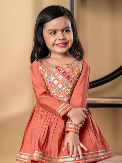 Girls Peplum Style Roman Silk Fabric Peach Color Kurti With Sharara