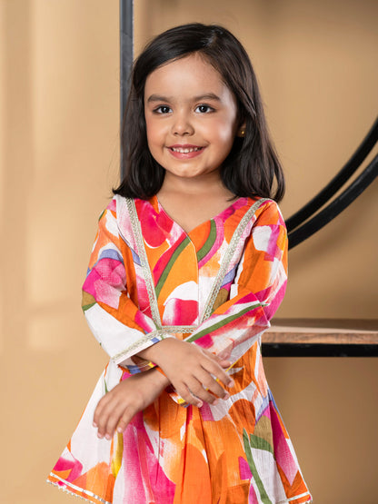 Girls Frock Style Cotton Fabric Orange Color Kurti With Dhoti