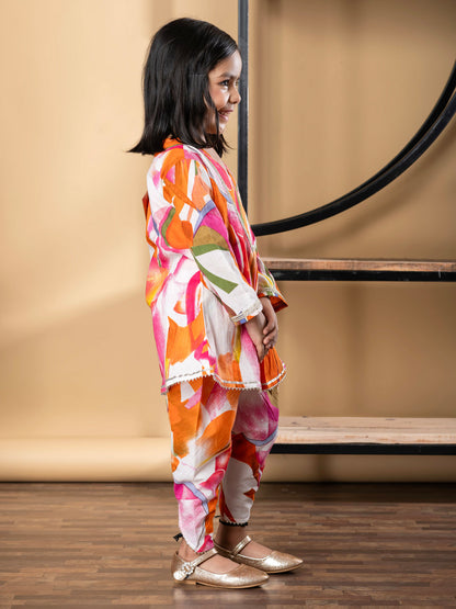 Girls Frock Style Cotton Fabric Orange Color Kurti With Dhoti