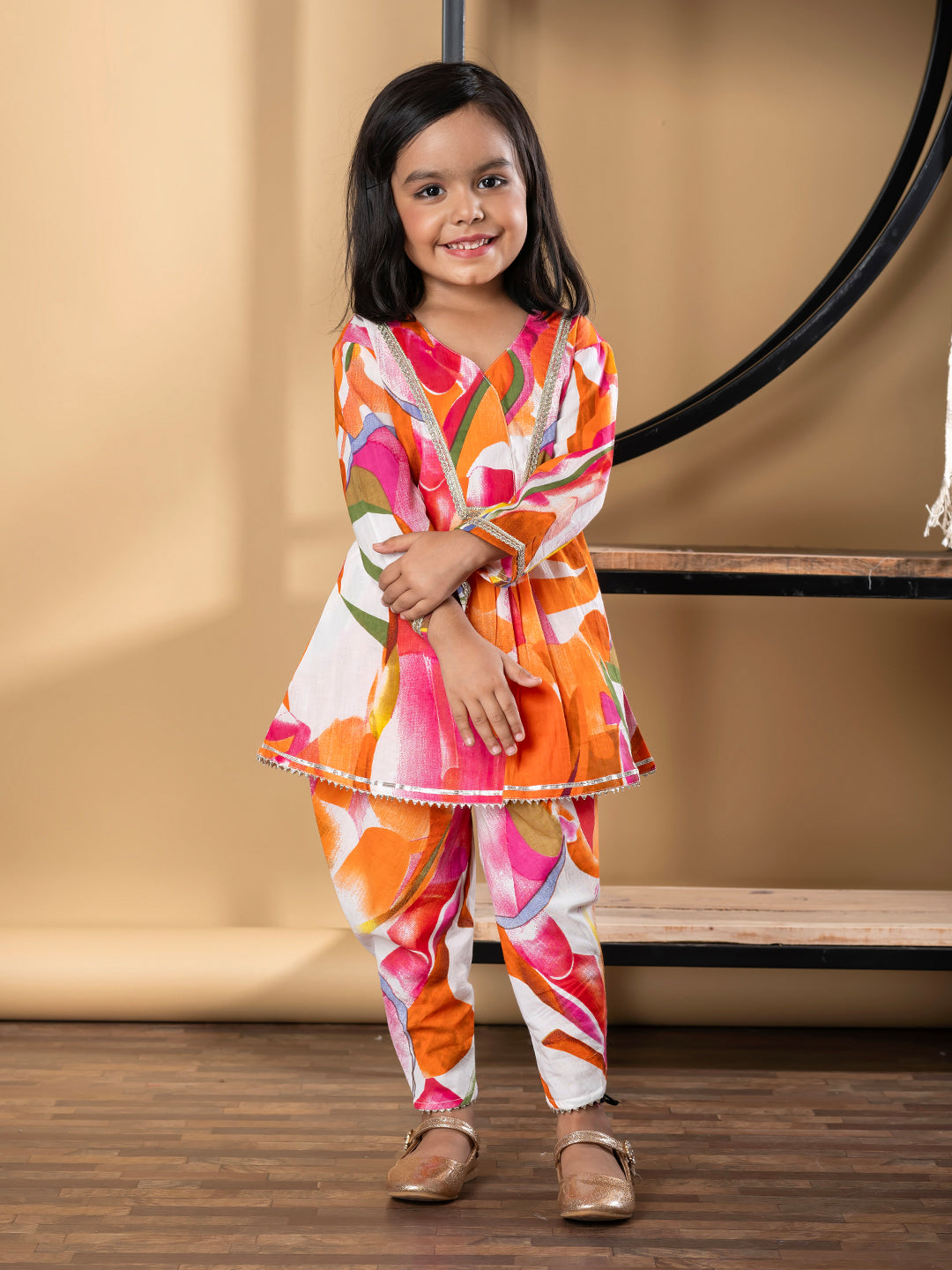 Girls Frock Style Cotton Fabric Orange Color Kurti With Dhoti