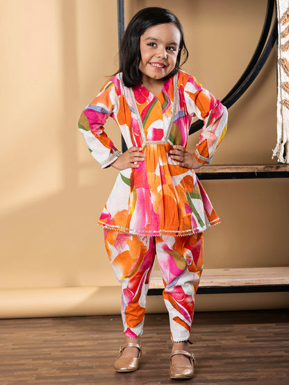 Girls Frock Style Cotton Fabric Orange Color Kurti With Dhoti