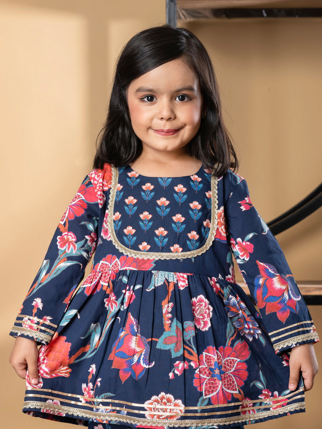Girls Peplum Style Cotton Fabric Blue Color Kurti With Sharara