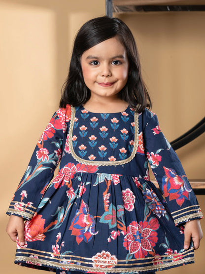 Girls Peplum Style Cotton Fabric Blue Color Kurti With Sharara