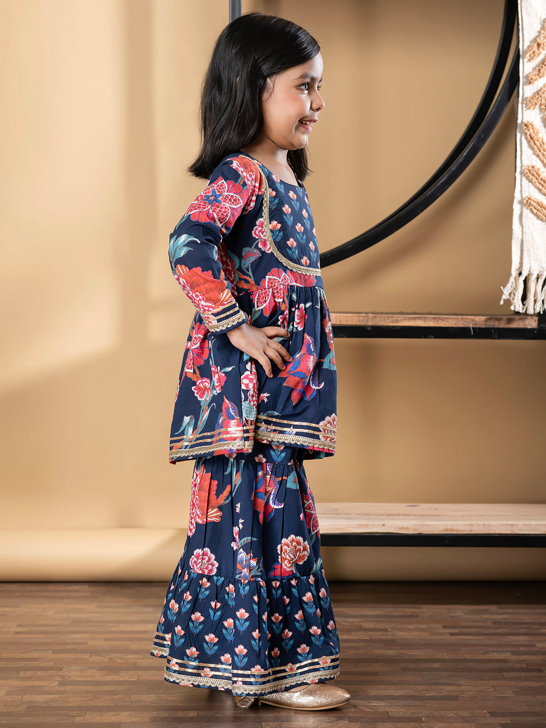 Girls Peplum Style Cotton Fabric Blue Color Kurti With Sharara