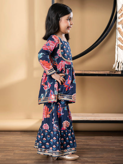 Girls Peplum Style Cotton Fabric Blue Color Kurti With Sharara