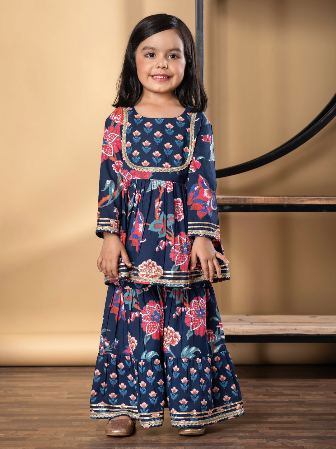 Girls Peplum Style Cotton Fabric Blue Color Kurti With Sharara