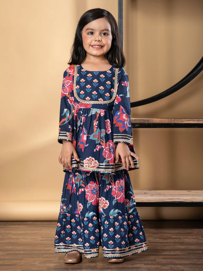 Girls Peplum Style Cotton Fabric Blue Color Kurti With Sharara