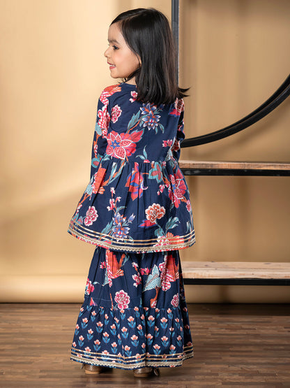 Girls Peplum Style Cotton Fabric Blue Color Kurti With Sharara