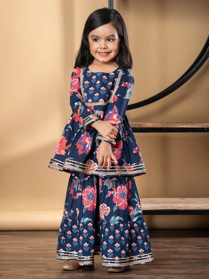 Girls Peplum Style Cotton Fabric Blue Color Kurti With Sharara