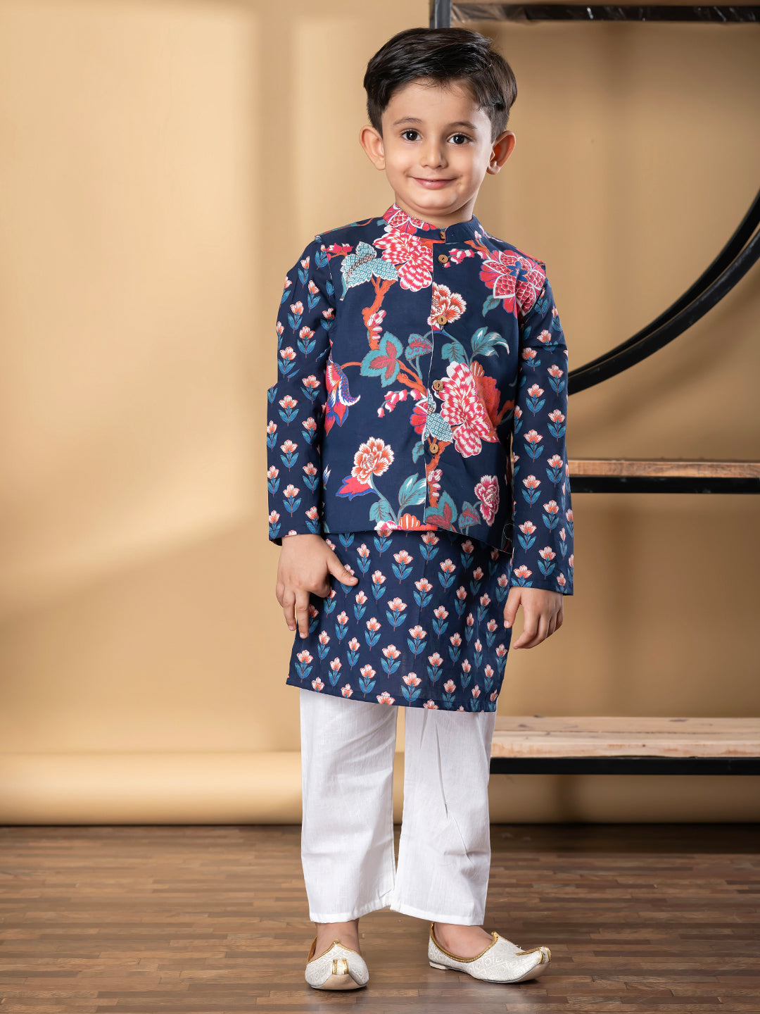 Boys Straight Style Cotton Fabric Blue Color Kurta And Pyjama With Nehru Jacket