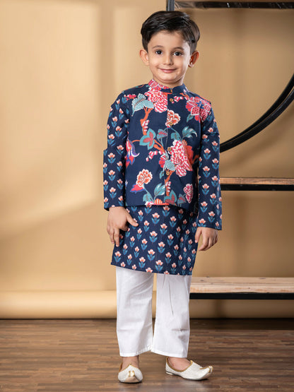 Boys Straight Style Cotton Fabric Blue Color Kurta And Pyjama With Nehru Jacket
