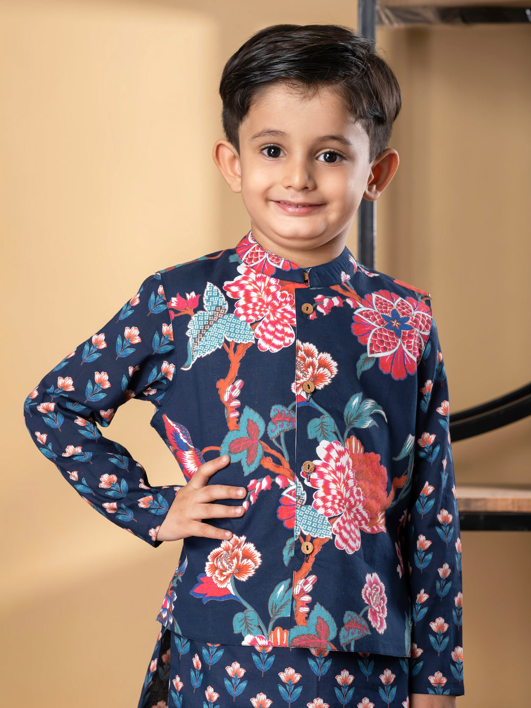 Boys Straight Style Cotton Fabric Blue Color Kurta And Pyjama With Nehru Jacket