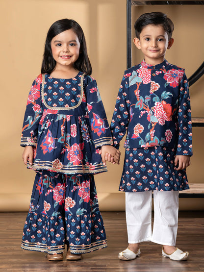 Boys Straight Style Cotton Fabric Blue Color Kurta And Pyjama With Nehru Jacket