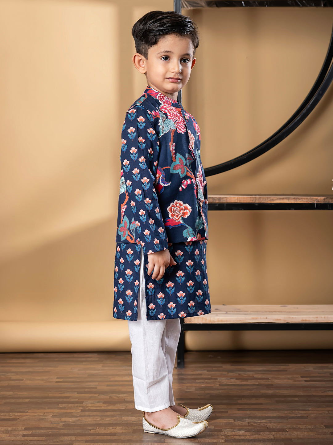 Boys Straight Style Cotton Fabric Blue Color Kurta And Pyjama With Nehru Jacket