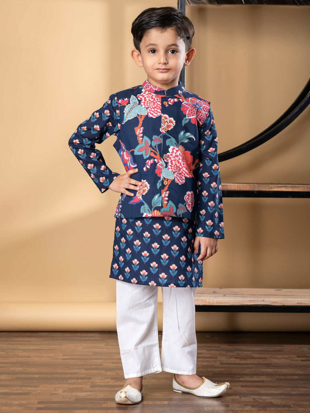 Boys Straight Style Cotton Fabric Blue Color Kurta And Pyjama With Nehru Jacket