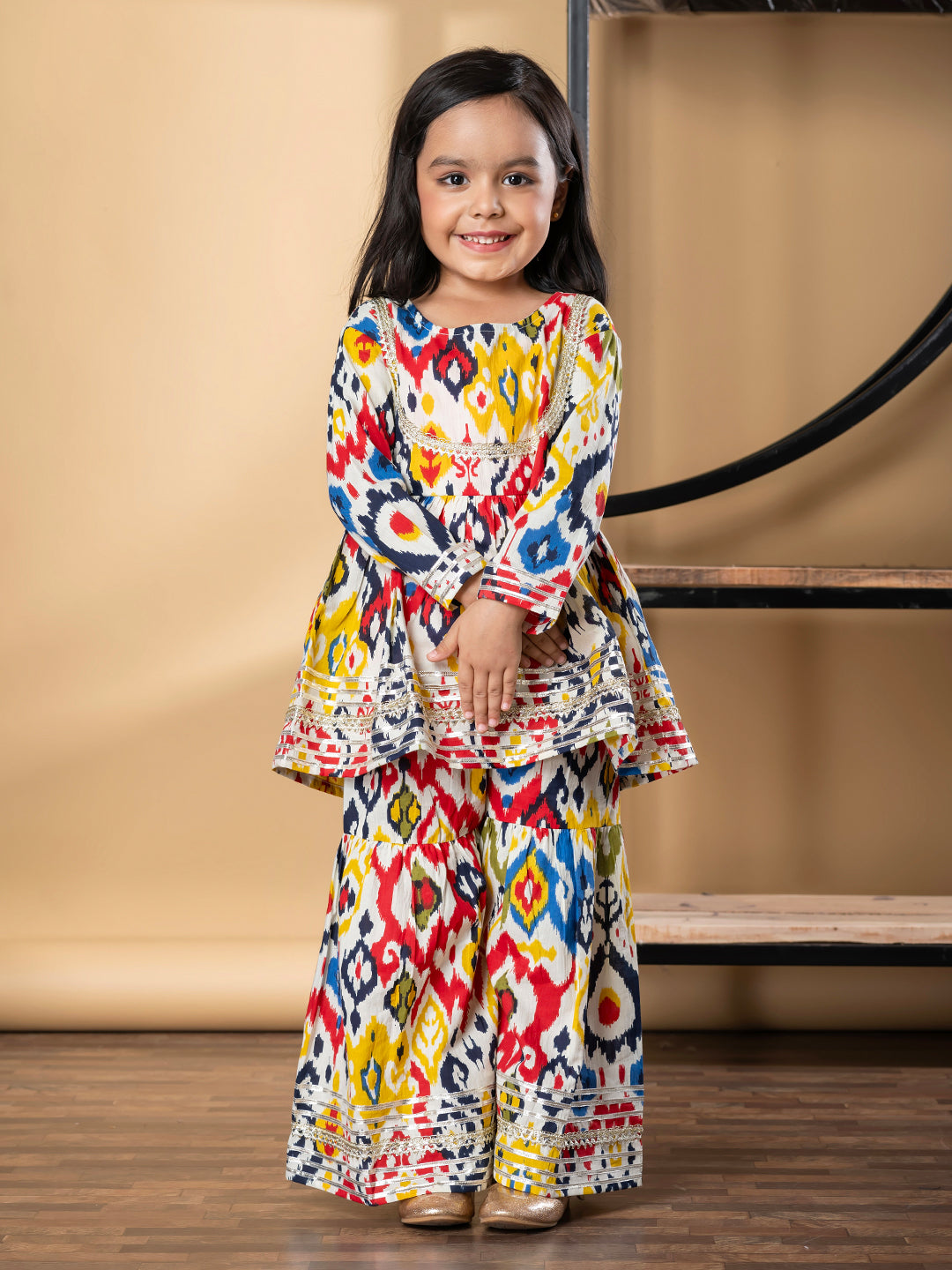 Girls Peplum Style Cotton Fabric Red Color Kurti With Sharara