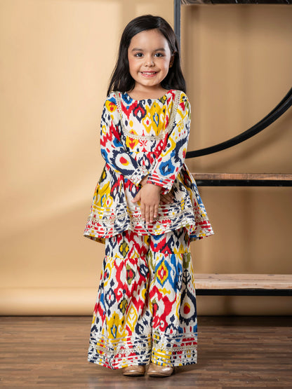 Girls Peplum Style Cotton Fabric Red Color Kurti With Sharara