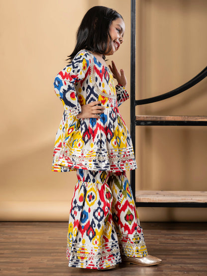 Girls Peplum Style Cotton Fabric Red Color Kurti With Sharara