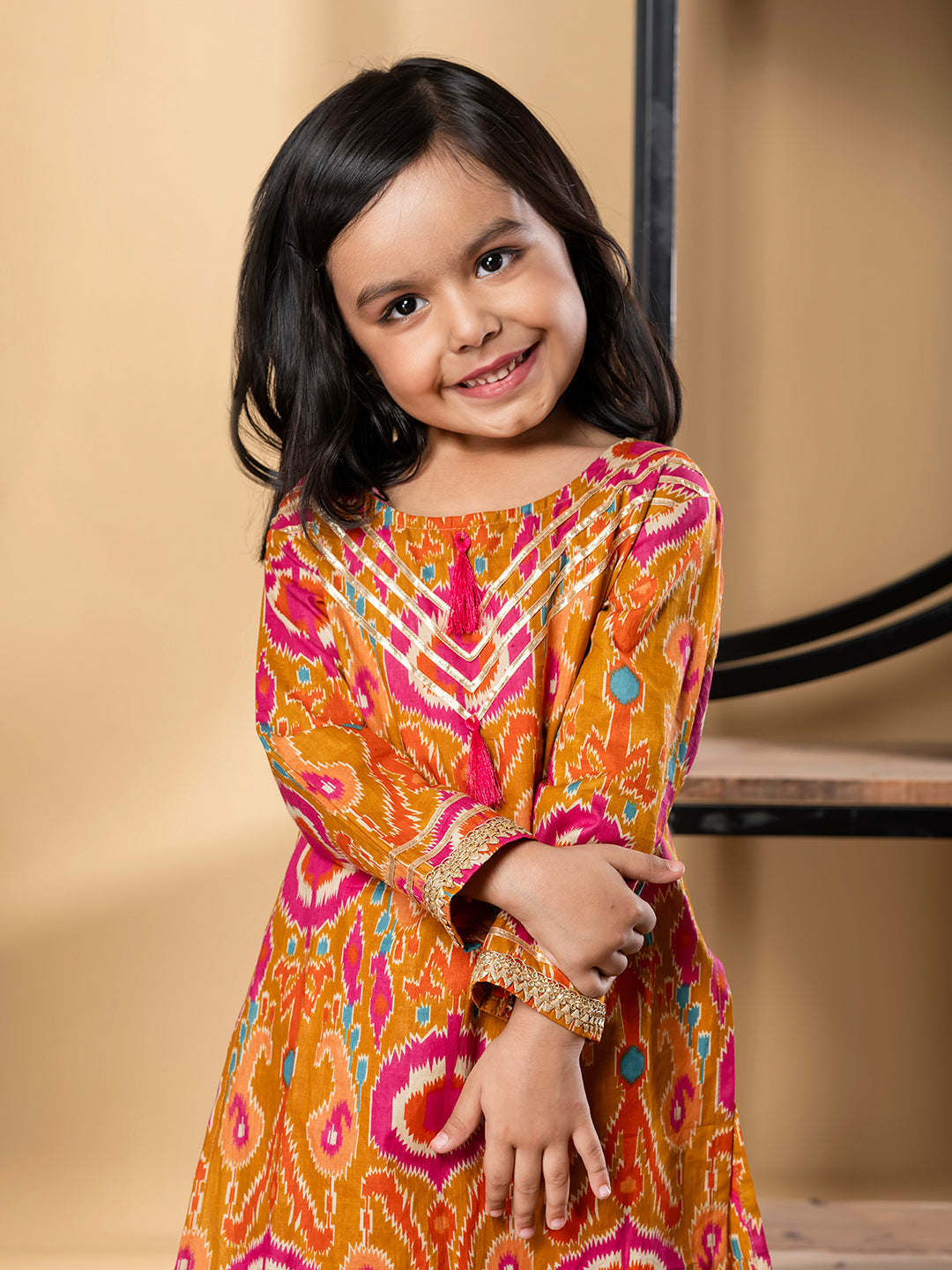 Girls Straight Style Cotton Fabric Multi Color Kurti With Palazzo