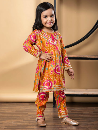 Girls Straight Style Cotton Fabric Multi Color Kurti With Palazzo