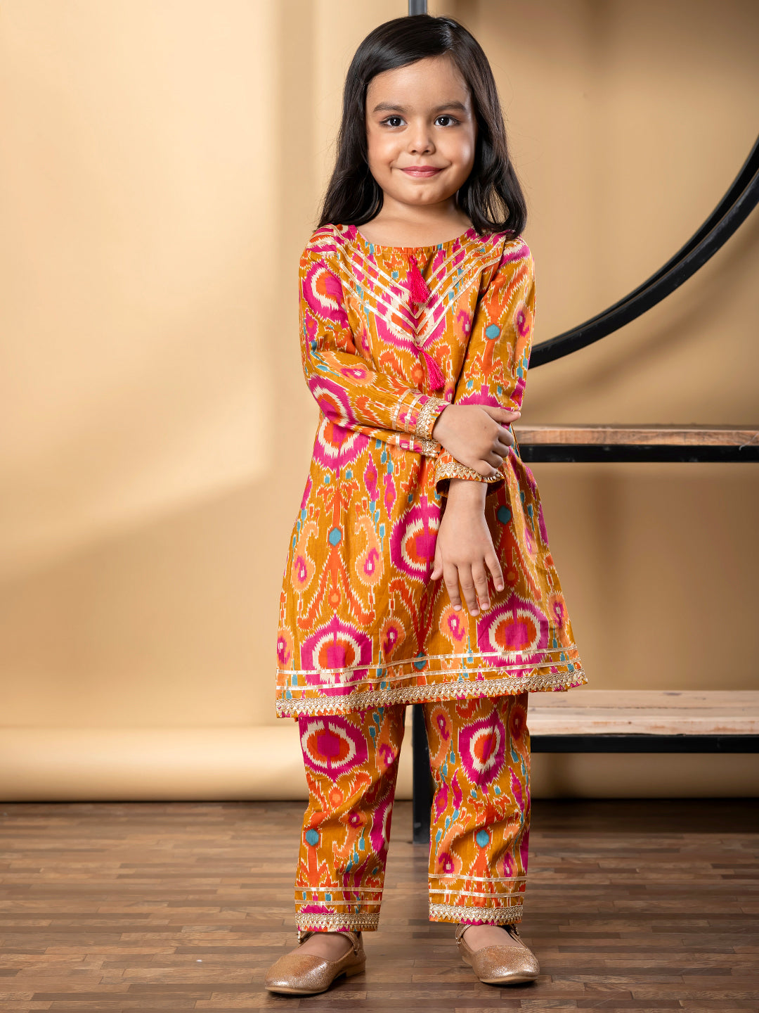 Girls Straight Style Cotton Fabric Multi Color Kurti With Palazzo