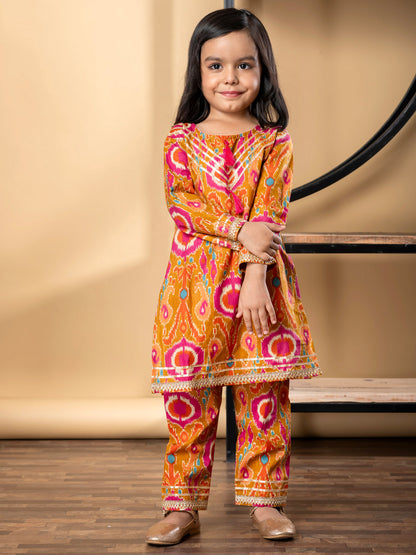 Girls Straight Style Cotton Fabric Multi Color Kurti With Palazzo