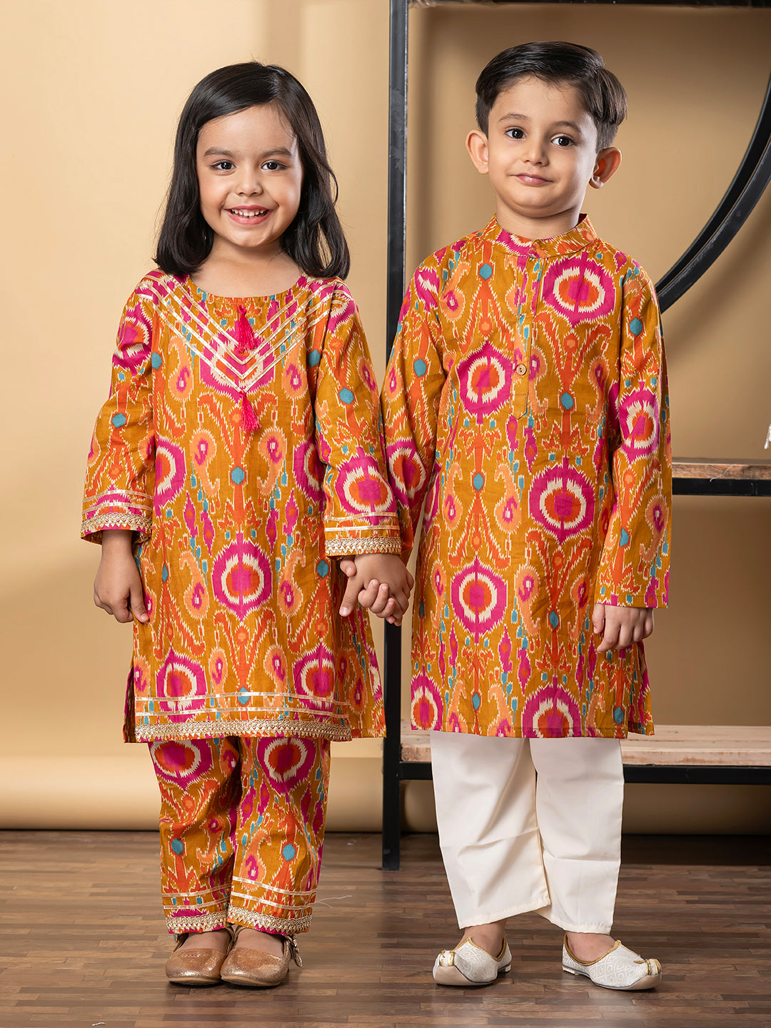Boys Straight Style Cotton Fabric Multi Color Kurta And Pyjama