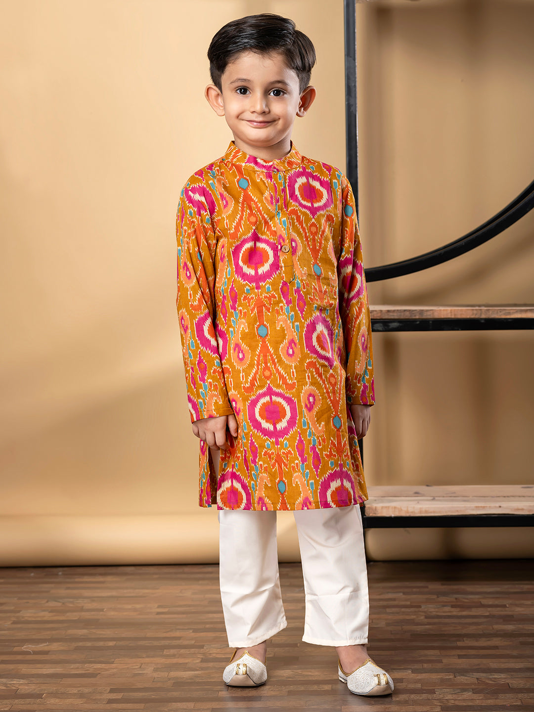 Boys Straight Style Cotton Fabric Multi Color Kurta And Pyjama