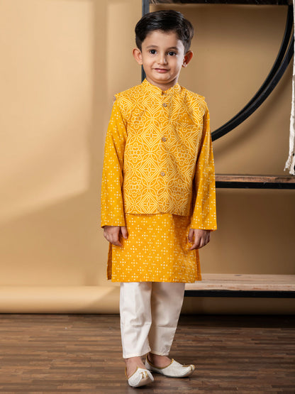 Boys Straight Style Cotton Fabric Mustard Color Kurta And Pyjama With Nehru Jacket