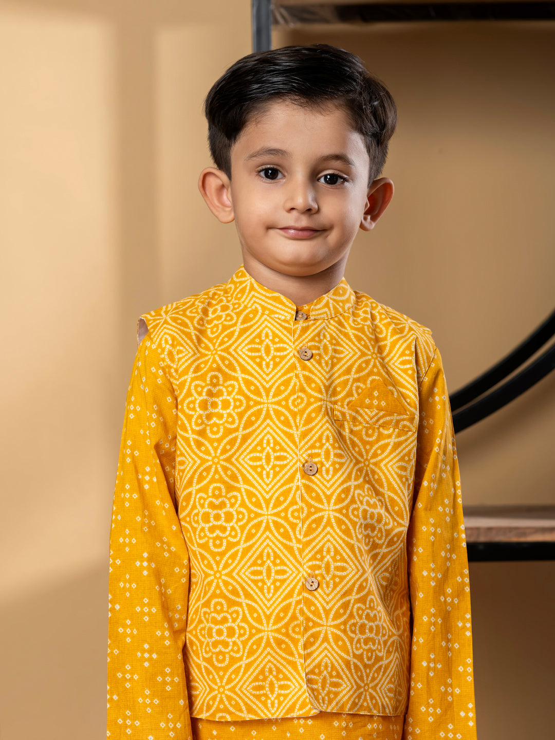 Boys Straight Style Cotton Fabric Mustard Color Kurta And Pyjama With Nehru Jacket