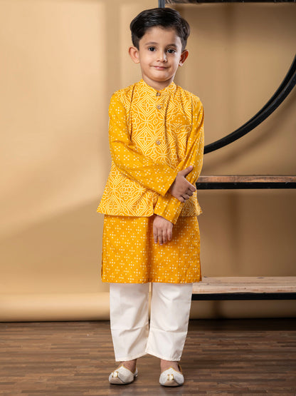 Boys Straight Style Cotton Fabric Mustard Color Kurta And Pyjama With Nehru Jacket
