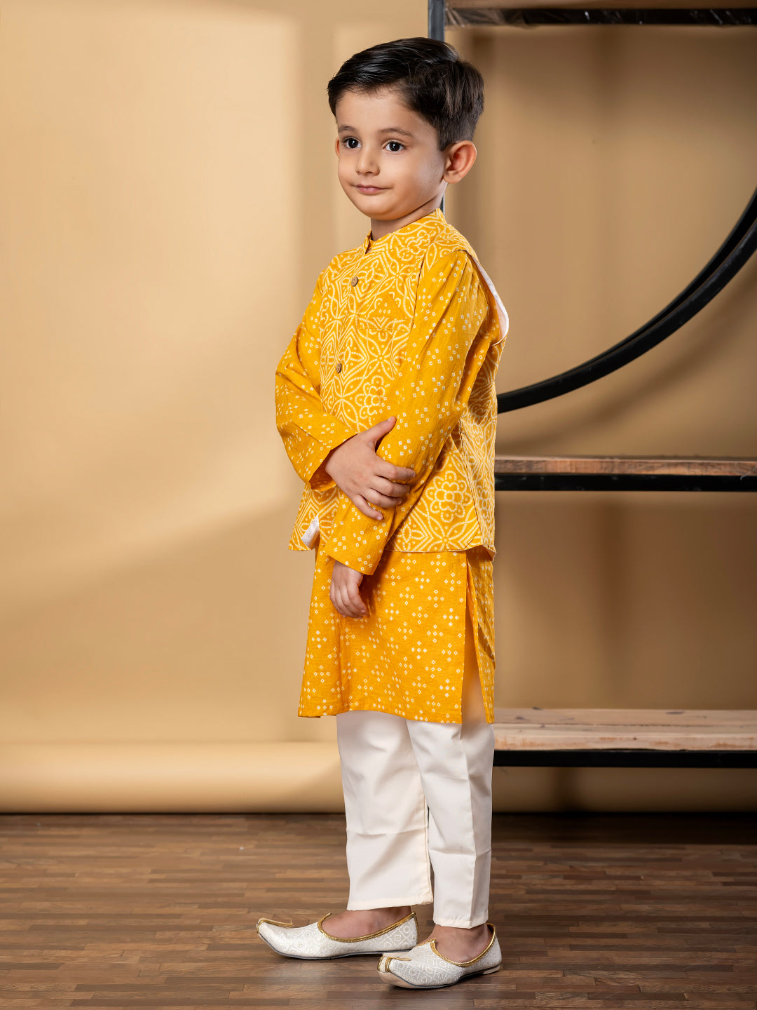 Boys Straight Style Cotton Fabric Mustard Color Kurta And Pyjama With Nehru Jacket