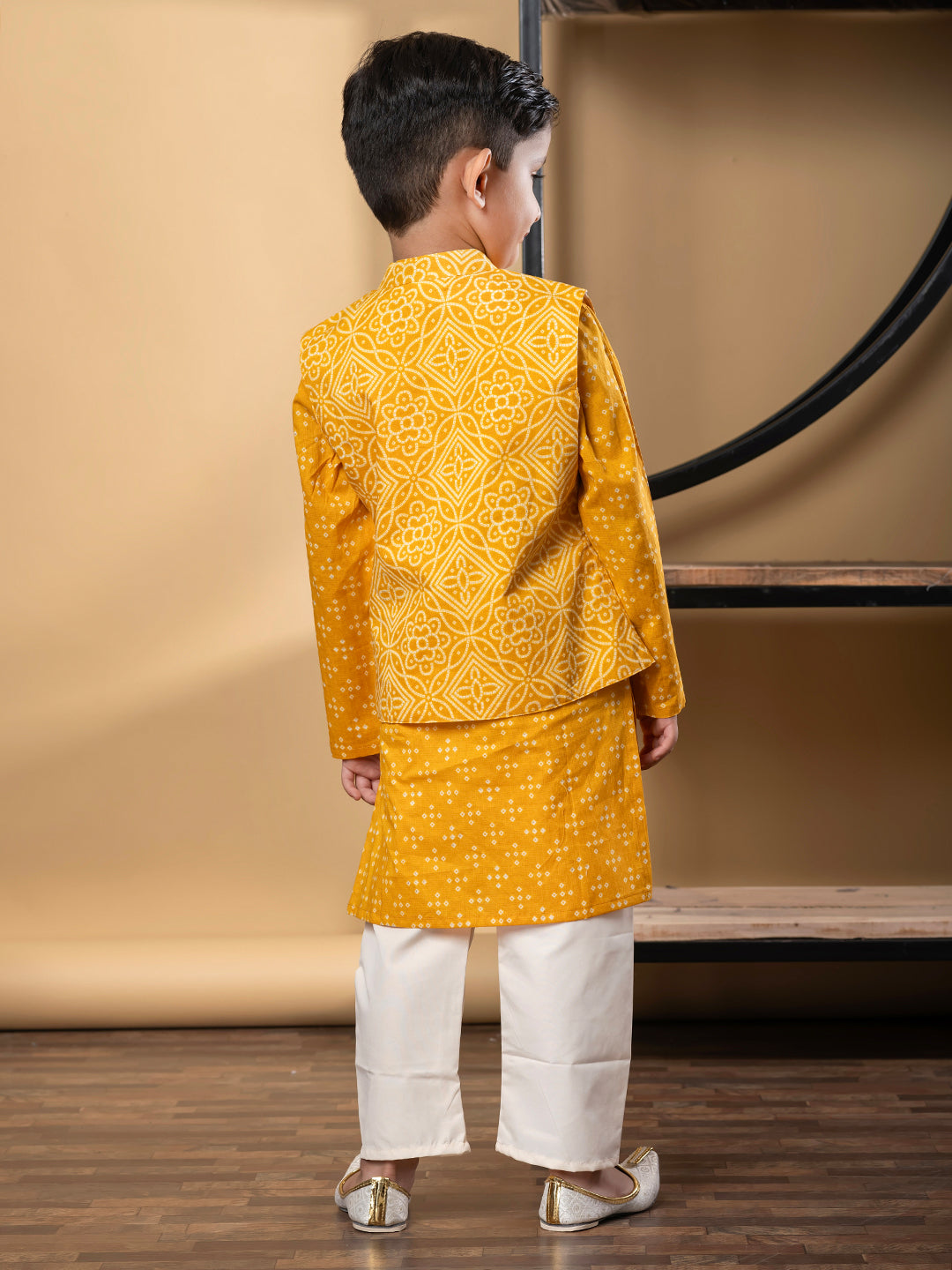 Boys Straight Style Cotton Fabric Mustard Color Kurta And Pyjama With Nehru Jacket