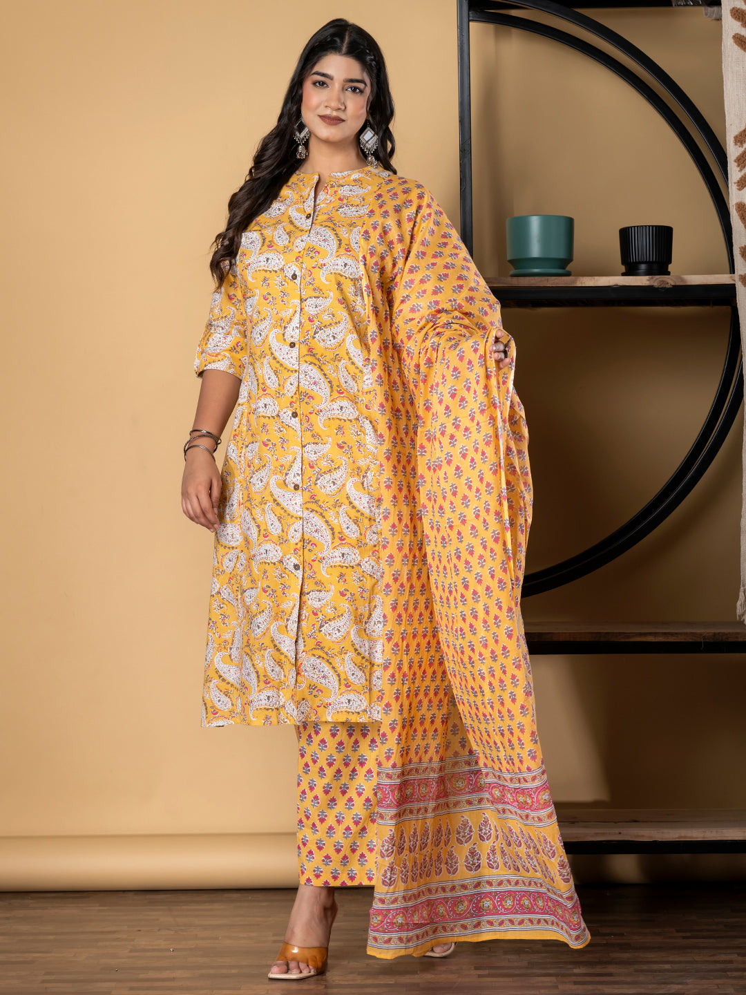 A Line Style Cotton Fabric Mustard Color Kurta And Bottom With Dupatta