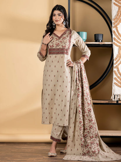 Straight Style Cotton Fabric Beige Color Kurta And Bottom With Dupatta