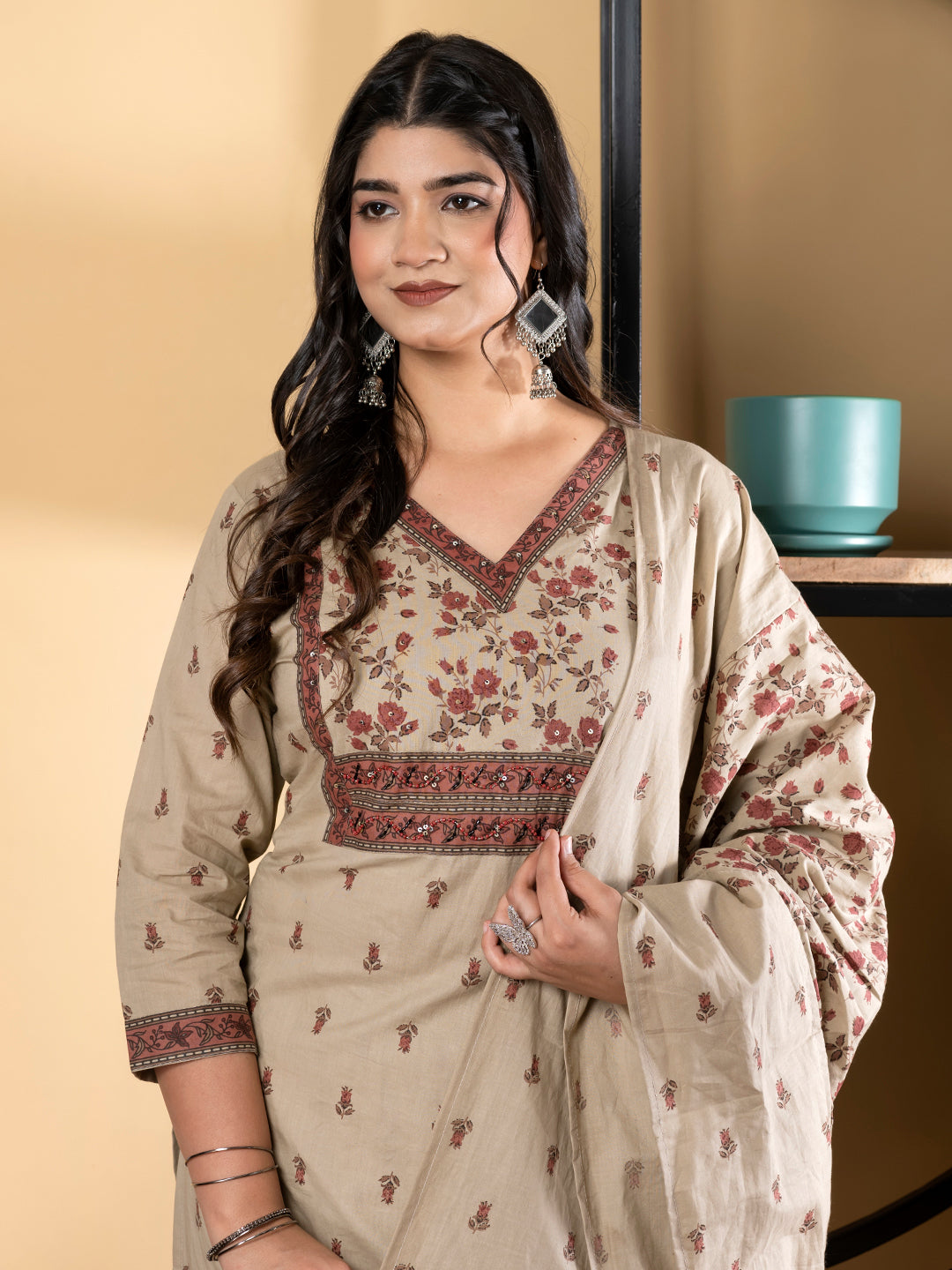 Straight Style Cotton Fabric Beige Color Kurta And Bottom With Dupatta