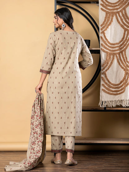 Straight Style Cotton Fabric Beige Color Kurta And Bottom With Dupatta