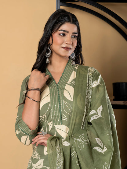 Straight Style Cotton Fabric Green Color Kurta And Bottom With Dupatta