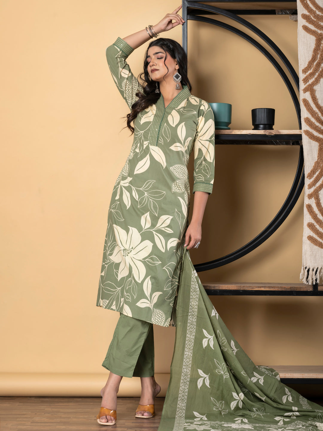 Straight Style Cotton Fabric Green Color Kurta And Bottom With Dupatta