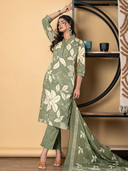 Straight Style Cotton Fabric Green Color Kurta And Bottom With Dupatta