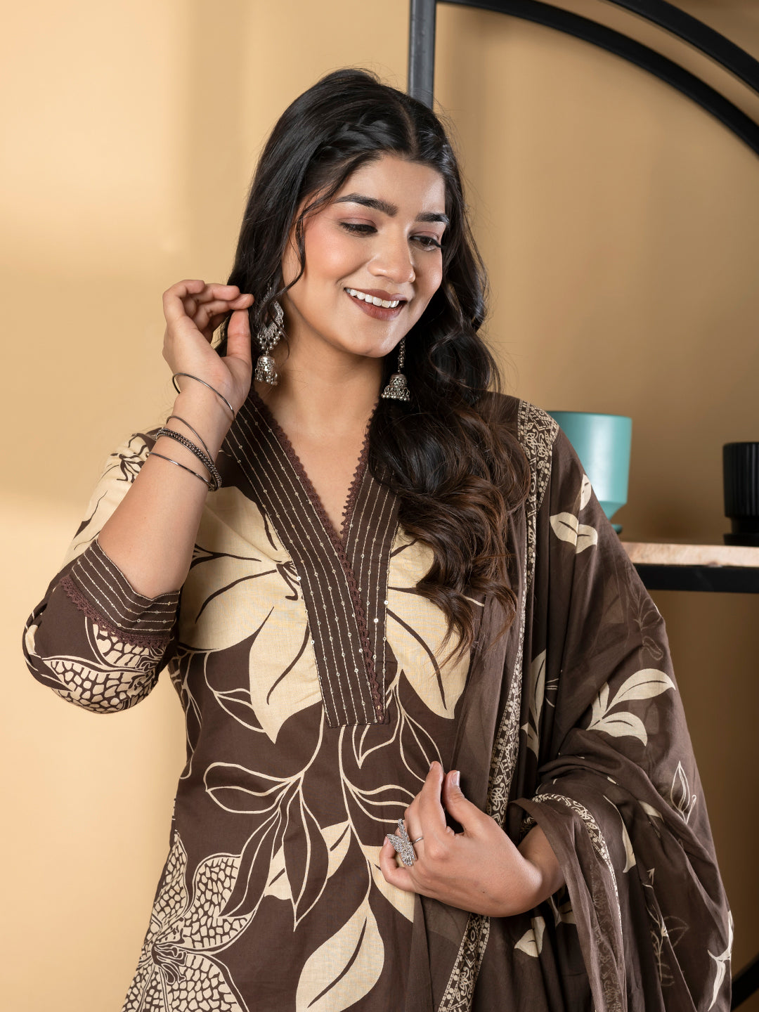 Straight Style Cotton Fabric Coffee Brown Color Kurta And Bottom With Dupatta
