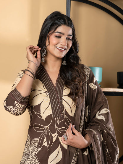Straight Style Cotton Fabric Coffee Brown Color Kurta And Bottom With Dupatta