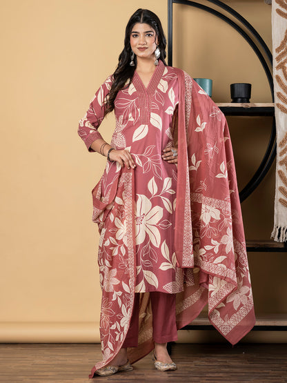 Straight Style Cotton Fabric Maroon Color Kurta And Bottom With Dupatta