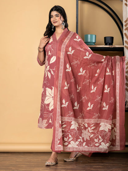 Straight Style Cotton Fabric Maroon Color Kurta And Bottom With Dupatta