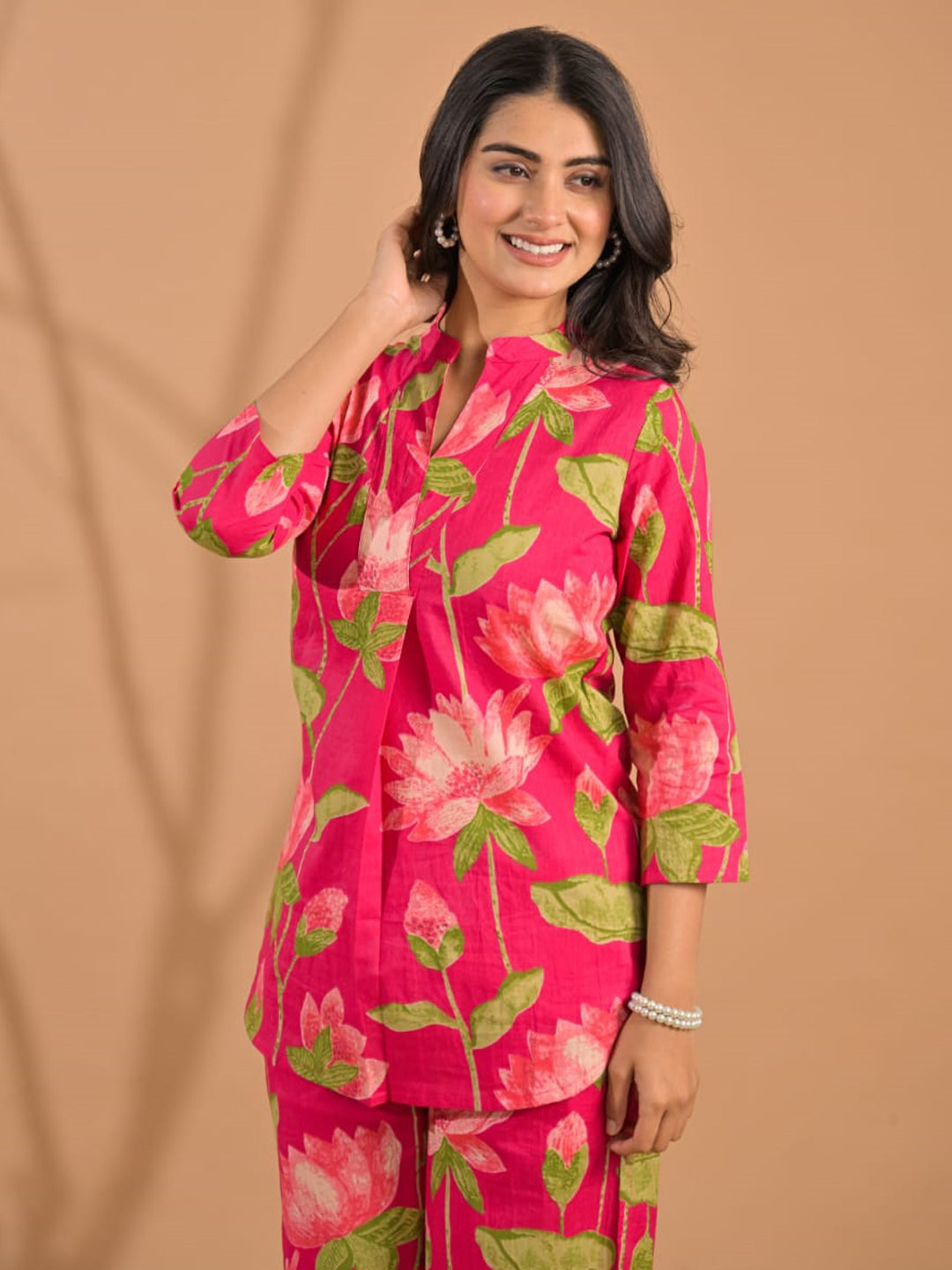 Curved Style Cotton Fabric Pink Color Co-Ord Set