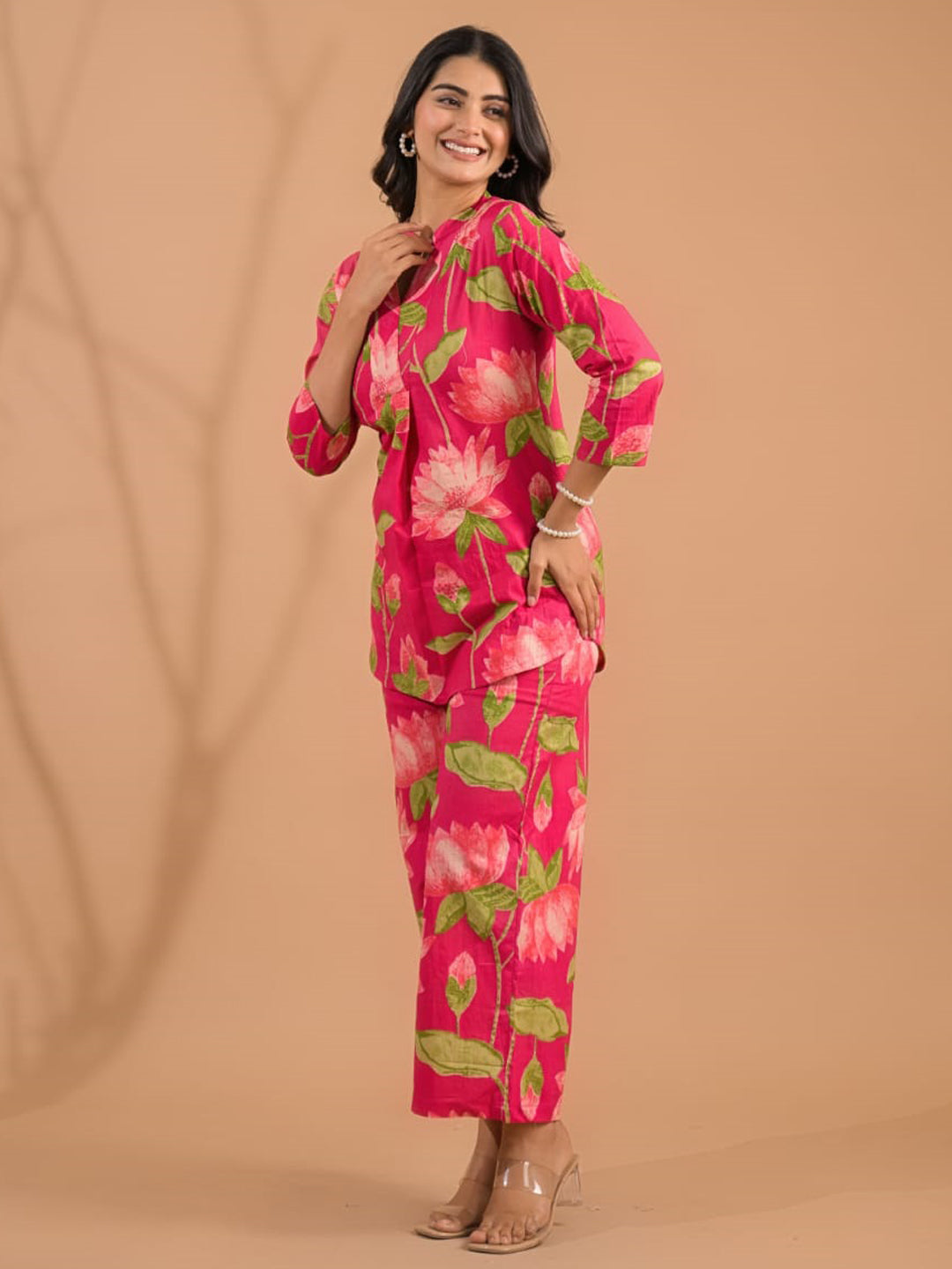 Curved Style Cotton Fabric Pink Color Co-Ord Set