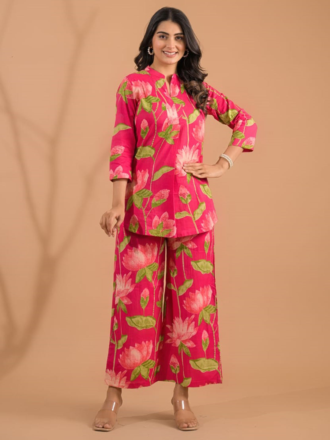 Curved Style Cotton Fabric Pink Color Co-Ord Set