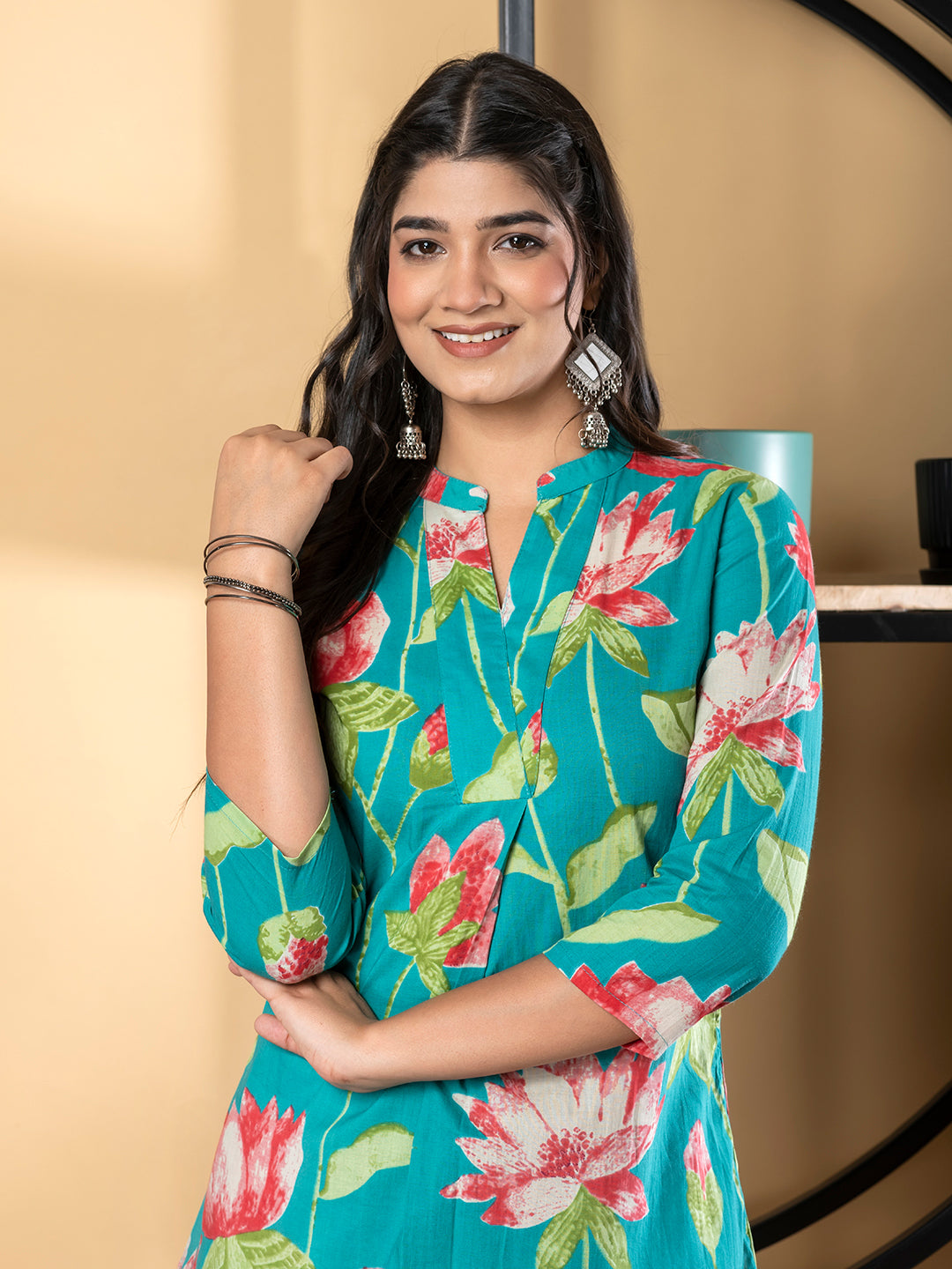 Curved Style Cotton Fabric Blue Color Co-Ord Set