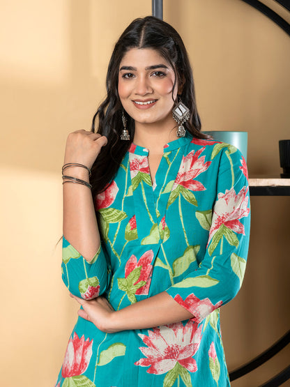 Curved Style Cotton Fabric Blue Color Co-Ord Set