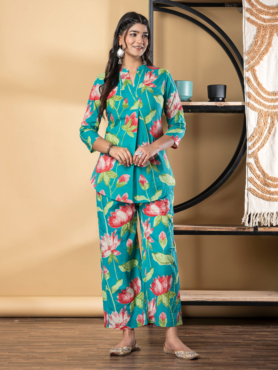 Curved Style Cotton Fabric Blue Color Co-Ord Set